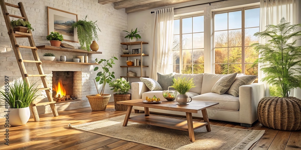 A Cozy Living Room Filled with Natural Light and Lush Greenery, featuring a Comfortable Sofa, a Rustic Wooden Coffee Table, and a Warm Fireplace