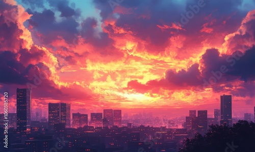 Serene sunrise over a city skyline, with vibrant clouds glowing in warm hues, creating a tranquil atmosphere