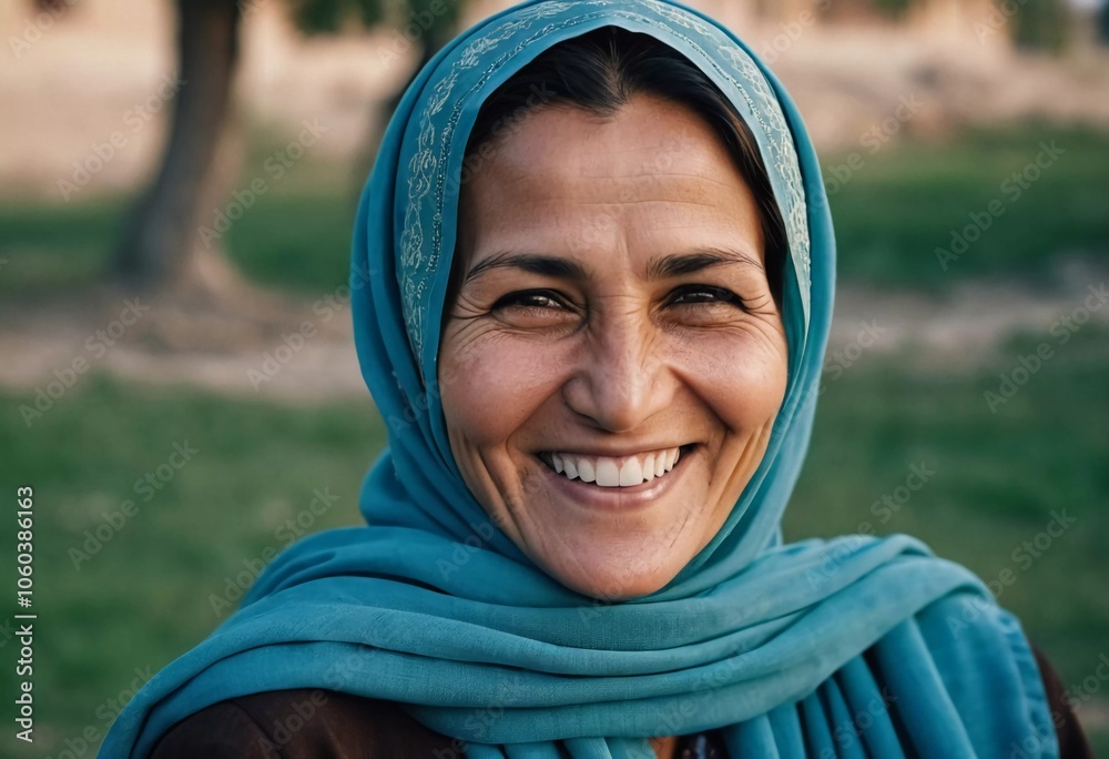 A joyful woman 45 years old from Afghanistan displays a bright smile while wearing traditional clothing. She stands confidently, embodying a sense of peace in her rural community. Generative AI