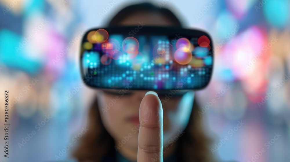 A person interacts with a digital display, showcasing vibrant lights and colors, representing technology and innovation.