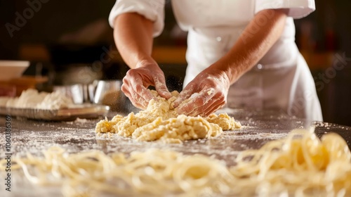 A close-up of hands kneading dough on a floured surface