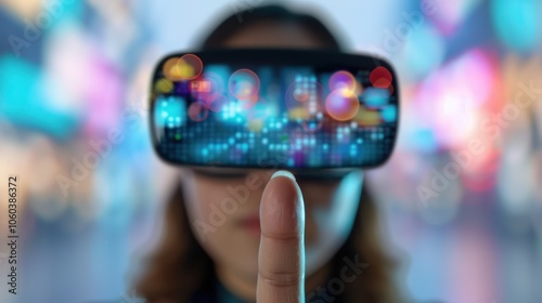 Obraz na płótnie A person interacts with a digital display, showcasing vibrant lights and colors, representing technology and innovation. w salonie