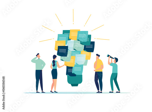 Sharing and search business ideas. collaboration brainstorming and meeting of creative creative people with light bulb ideas. Finding creative solutions to tasks, office workers share ideas vector