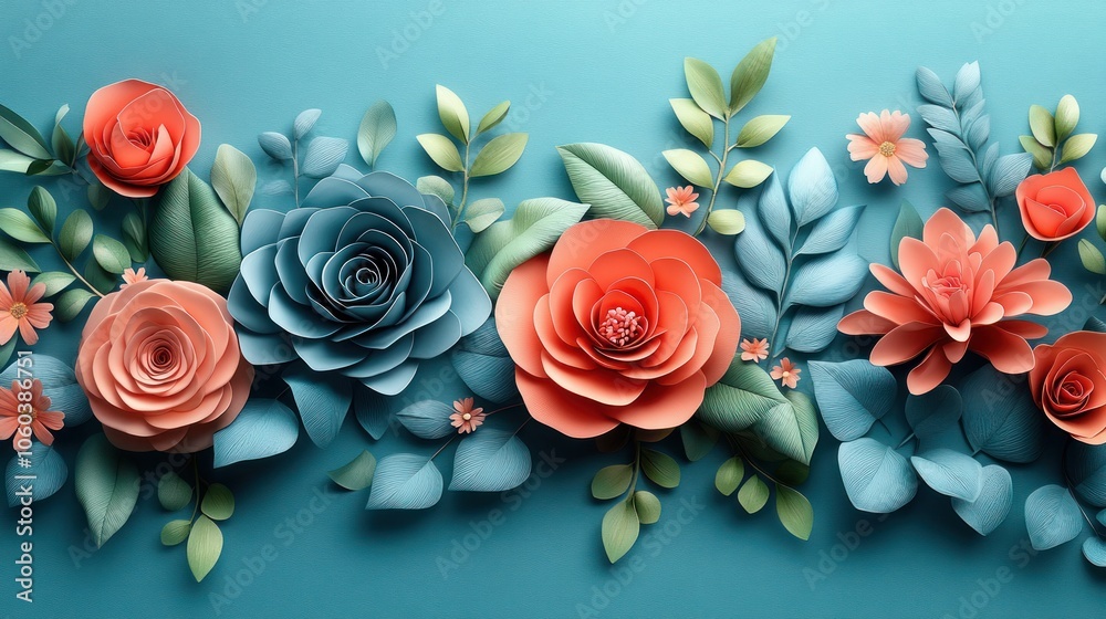 Paper flower arrangement with pink and blue flowers and green leaves on a blue background. Paper flower arrangement with pink and blue flowers and green leaves on a blue background.