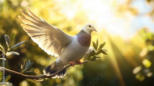 A pigeon elegantly perched on a tree branch with wings spread