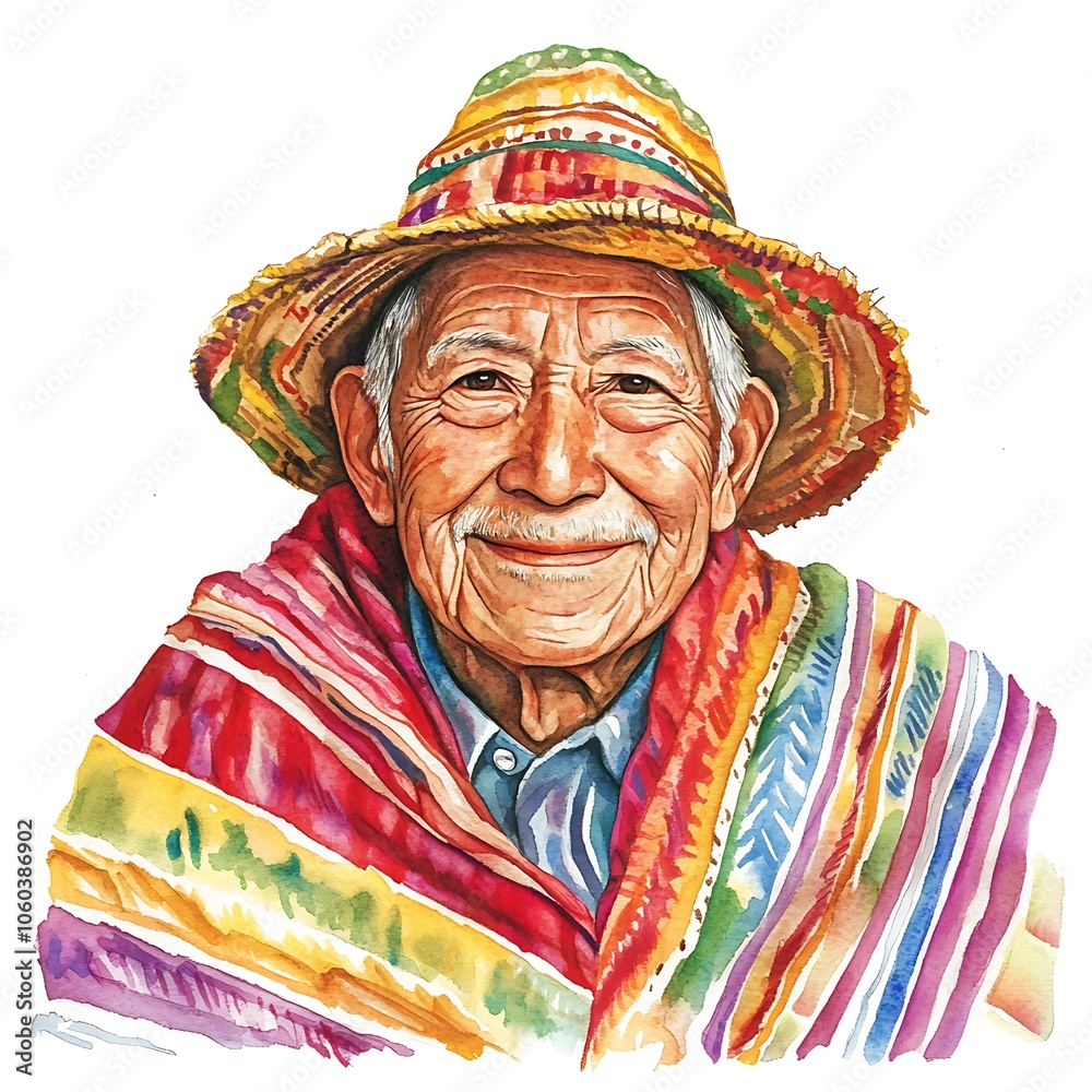 Fototapeta premium Portrait of a Smiling Elder in Traditional Peruvian Clothing.