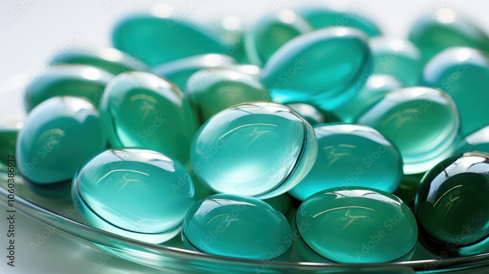 A close-up of translucent teal capsules arranged on a plate. A close-up of translucent teal capsules arranged on a plate.