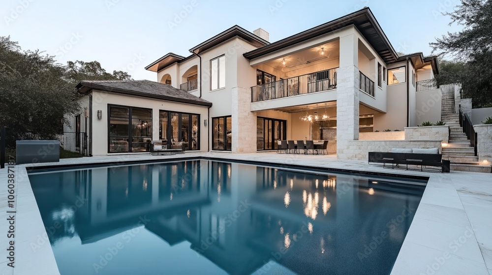 Fototapeta premium Luxurious modern house with a spacious outdoor pool, large windows, and a patio dining area, surrounded by trees and contemporary landscaping.