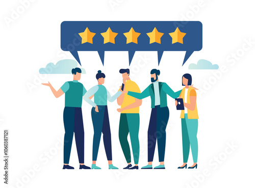 Customer loyalty, consumer satisfaction giving 5 stars rating feedback, best user experience or trust to use service again concept, various customer people giving 5 stars review for quality service