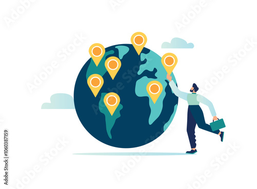 Global business expansion, open company branches, franchise in new location to cover all continent, growing business worldwide concept, businessman CEO put new branch pin on world map across globe.