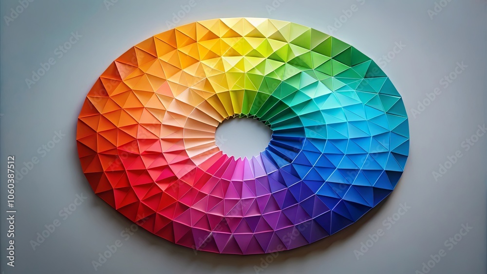 Obraz premium A spectrum of vibrant hues forms a circular geometric pattern composed of intricately folded paper triangles.