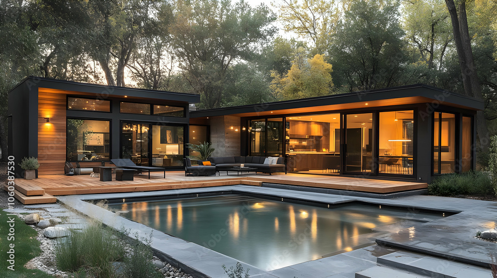 Fototapeta premium Modern House with Pool and Deck - Realistic Image