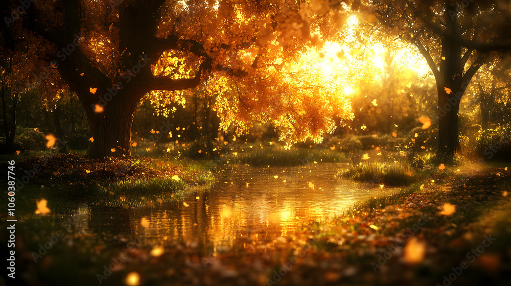 Fototapeta premium Golden Autumn Forest Illustration with Sun Rays and Falling Leaves
