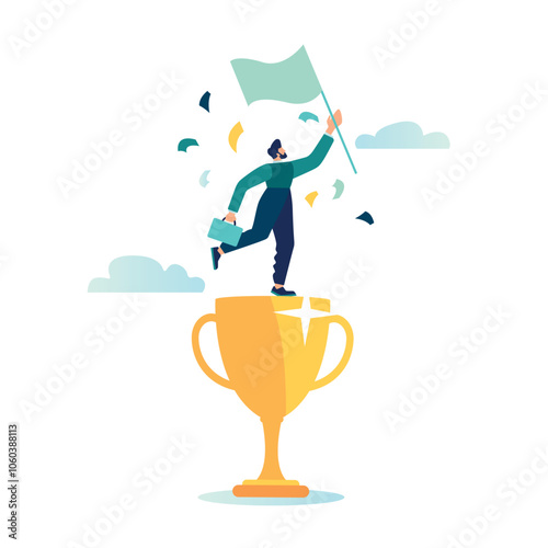 Victory, triumph or award, achieving success as a leader, the concept of career success, a winning businessman raising a flag over a winning trophy, vector illustration