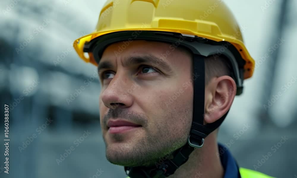 Construction worker or engineer in a hard hat on a busy building site