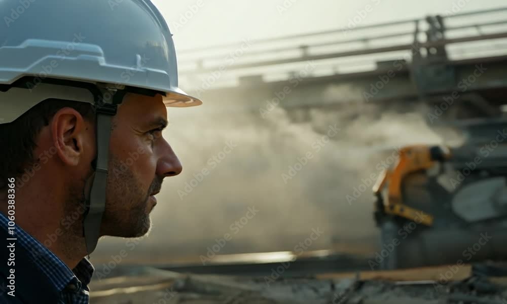Construction worker or engineer in a hard hat on a busy building site Construction worker or engineer in a hard hat on a busy building site