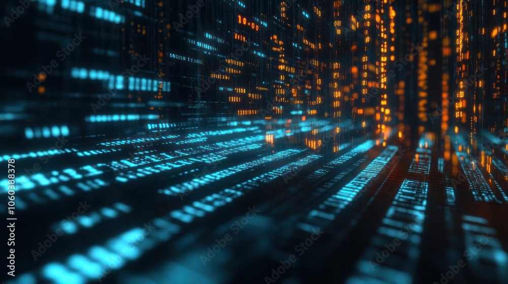 a digital binary code matrix with glowing green and blue binary digits cascading down in a 3D environment, a digital binary code matrix with glowing green and blue binary digits cascading down in a 3D environment,