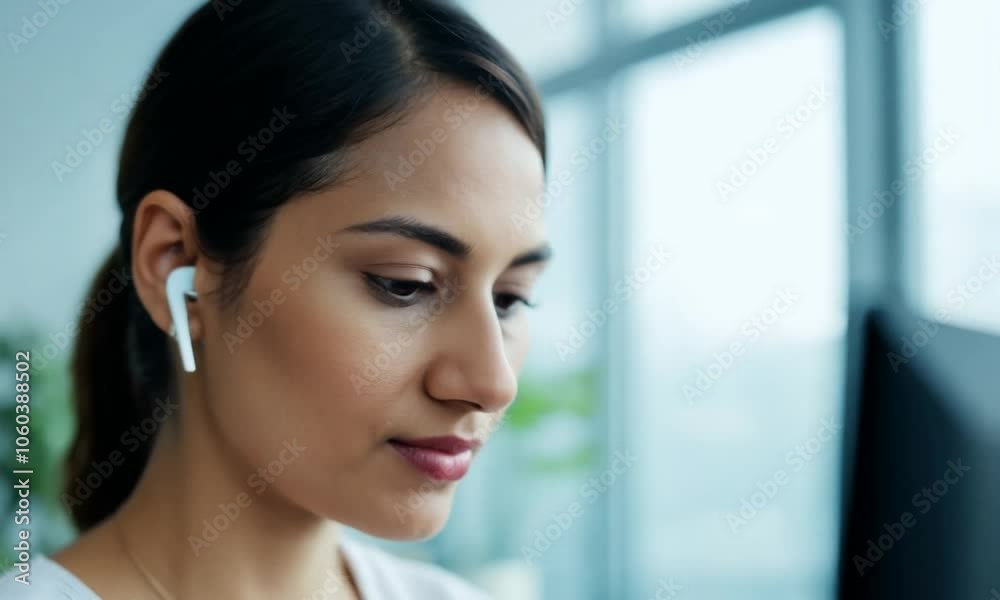 Close-up portrait of a professional woman working at a computer in a modern office