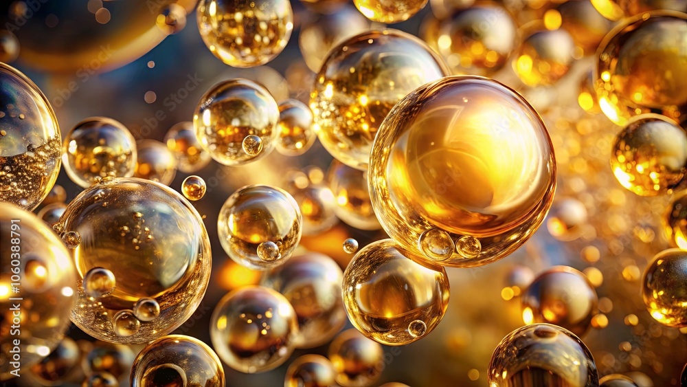 A symphony of golden orbs, suspended in a liquid dream, each reflecting light and shimmering with a thousand tiny sparks. A symphony of golden orbs, suspended in a liquid dream, each reflecting light and shimmering with a thousand tiny sparks.