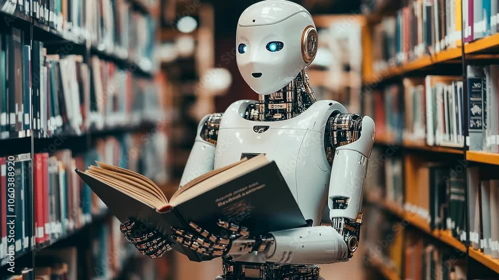 A humanoid robot reads a book in a library, surrounded by shelves of books A humanoid robot reads a book in a library, surrounded by shelves of books