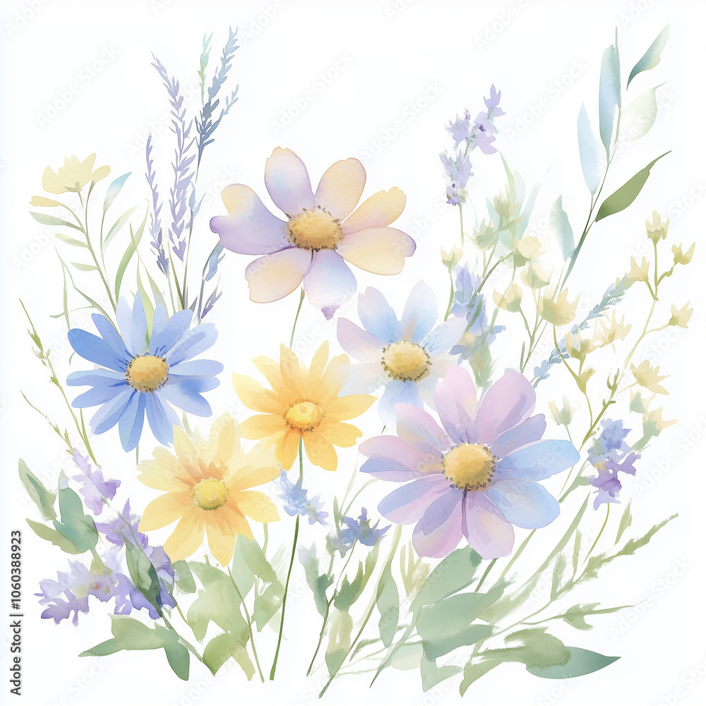 Obraz premium The card features a painted bouquet of wildflowers, including cosmos and wheat, set against a white background. This illustration is rendered in watercolor style.