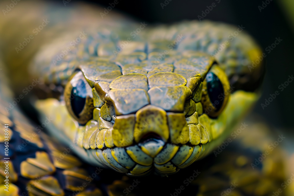Fototapeta premium close up shot of snake reveals intricate details of its scales and striking eyes, showcasing beauty of nature in low light. vibrant colors and textures create captivating image