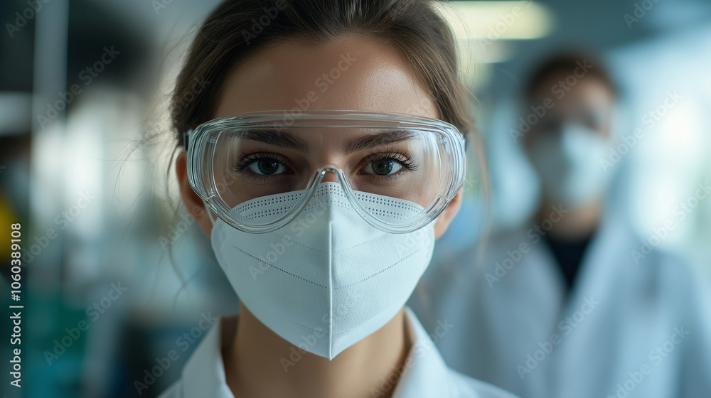 Close-up of a Researcher in Protective Mask and Goggles Emphasizing Laboratory Safety and Professionalism in a Controlled Scientific Environment Close-up of a Researcher in Protective Mask and Goggles Emphasizing Laboratory Safety and Professionalism in a Controlled Scientific Environment