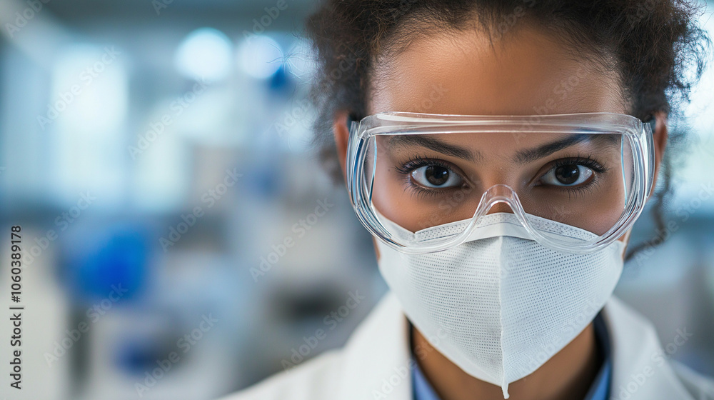 Close-up of a Researcher in Protective Mask and Goggles Emphasizing Laboratory Safety and Professionalism in a Controlled Scientific Environment Close-up of a Researcher in Protective Mask and Goggles Emphasizing Laboratory Safety and Professionalism in a Controlled Scientific Environment