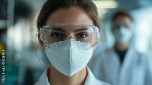 Close-up of a Researcher in Protective Mask and Goggles Emphasizing Laboratory Safety and Professionalism in a Controlled Scientific Environment