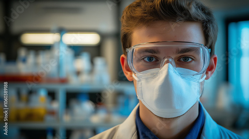 Close-up of a Researcher in Protective Mask and Goggles Emphasizing Laboratory Safety and Professionalism in a Controlled Scientific Environment