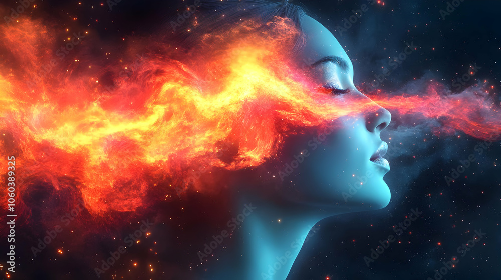 Woman's Face with Flames and Stars Illustration Woman's Face with Flames and Stars Illustration