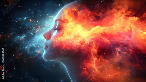 Abstract Illustration of a Face with Flames and Stars
