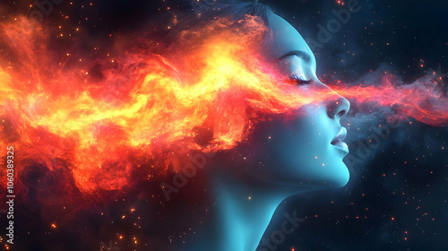 Woman's Face with Flames an...