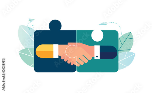 teamwork to find a solution, assign the right person to the right job, human resources department by the hand of a businessman, connect a puzzle, vector illustration