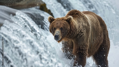 Wildlife photography of a grizzly bear catching fish in a rushing waterfall photo