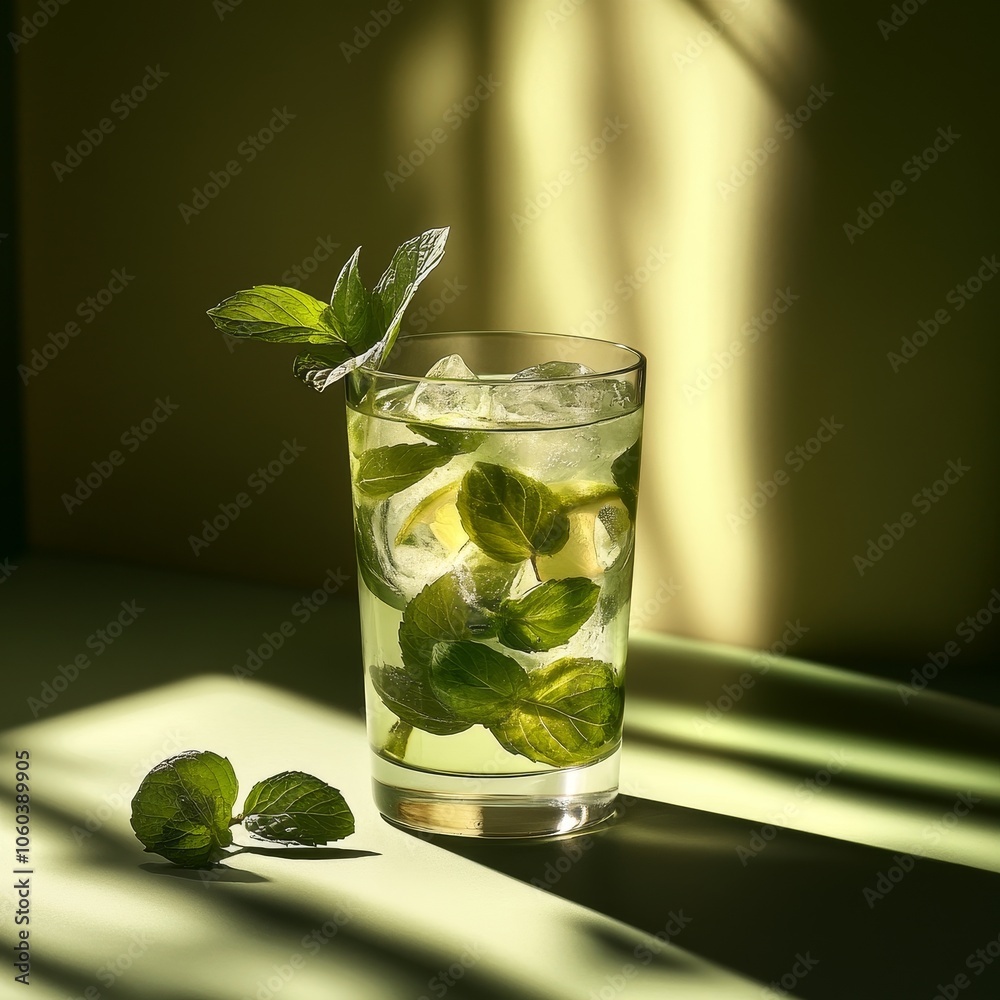 Refreshing Mint & Lime Cocktail with Ice in Glass Refreshing Mint & Lime Cocktail with Ice in Glass