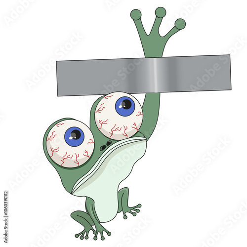 Weird frog attached sticky tape to the wall. Modern conceptual art with flat style frog and duct tape. Vector illustration. 