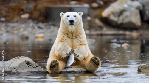 Wild animals doing human-like poses, a polar bear sitting back with a fish in its paws photo