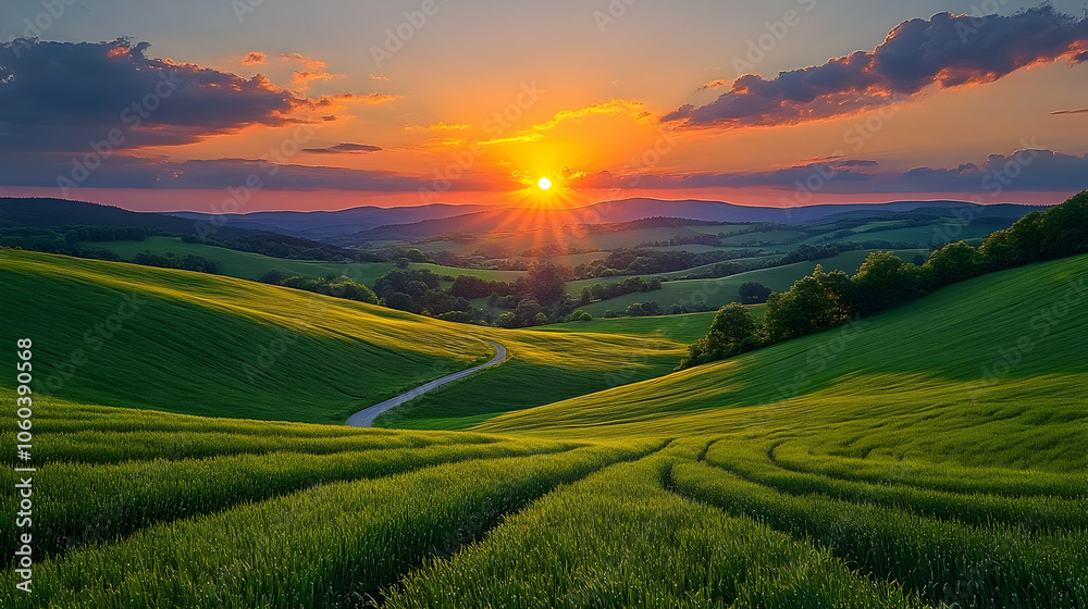 Fototapeta premium Sunset Over Rolling Green Hills Landscape Photo