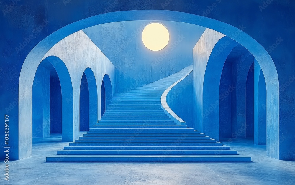 A serene blue architectural space with a winding staircase and a glowing sun. A serene blue architectural space with a winding staircase and a glowing sun.