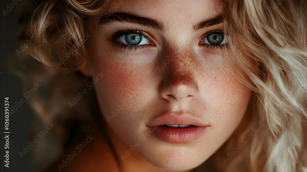 Close-up of woman with blonde hair and blue eyes looking seriously into the camera Close-up of woman with blonde hair and blue eyes looking seriously into the camera