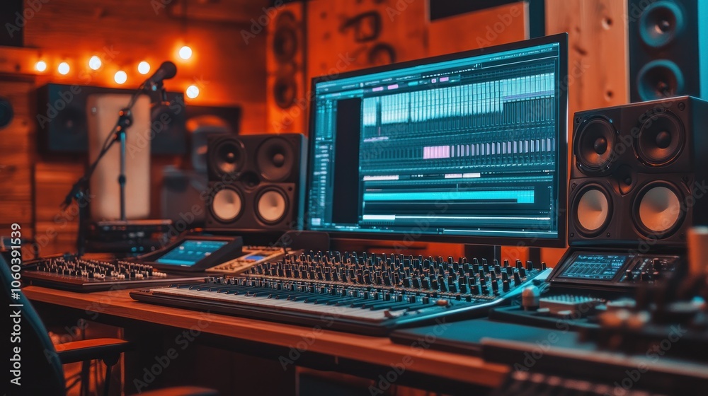 A professional recording studio with a mixing console, computer, and speakers. A professional recording studio with a mixing console, computer, and speakers.