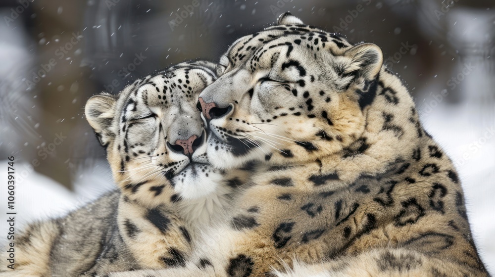 Obraz premium Rare animals showing affection, a pair of snow leopards nuzzling each other