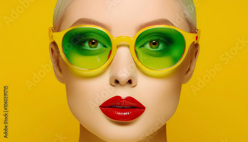 A beautiful woman with a yellow background, wearing yellow glasses with red accents, and having a unique hairstyle. Generative AI