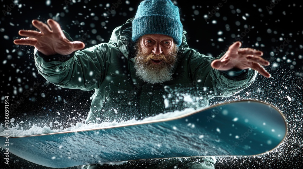 A bearded man in a blue beanie snowboards, capturing the thrill of winter sports amidst falling snowflakes. A bearded man in a blue beanie snowboards, capturing the thrill of winter sports amidst falling snowflakes.