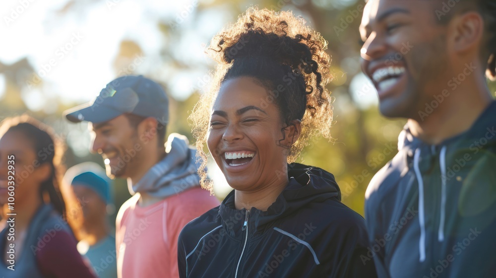 Happiness radiating from a group of friends as they laugh during a workout Happiness radiating from a group of friends as they laugh during a workout