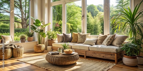 A Comfortable Living Room with Large Windows and a View of Lush Greenery, Featuring a Plush Sofa, Cozy Pillows, and a Rustic Coffee Table