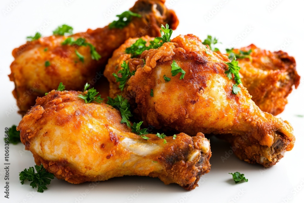2D illustration of golden fried chicken on a white background, capturing the crisp, warm appeal of this classic comfort food, symbolizing simplicity and flavor