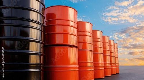 Rows of oil barrels stacked neatly in a warehouse, awaiting distribution oil barrels, warehouse storage, logistics