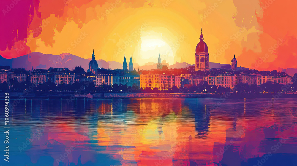 Obraz premium Geneva, Switzerland, Pop Art style theme print. Cityscape, city skyline.Vibrant, bright, modern, trendy, graphic designed for poster, card, wallpaper